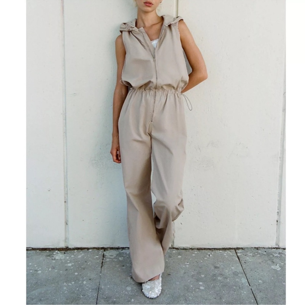 Zara Hooded Full Zip Cargo Sleeveless Jumpsuit in Sand